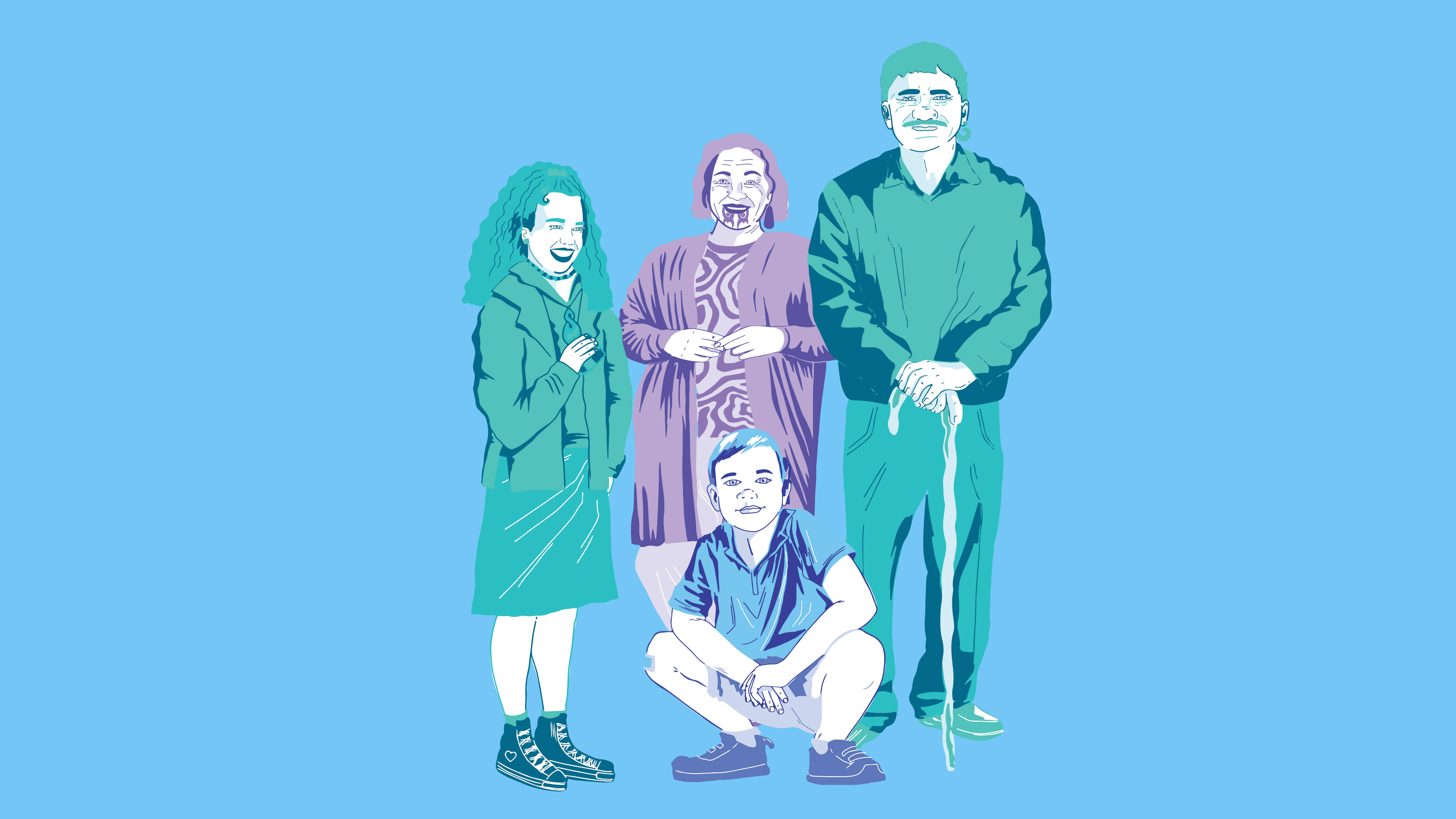 girl standing next to older woman and man, with a boy crouching in front
