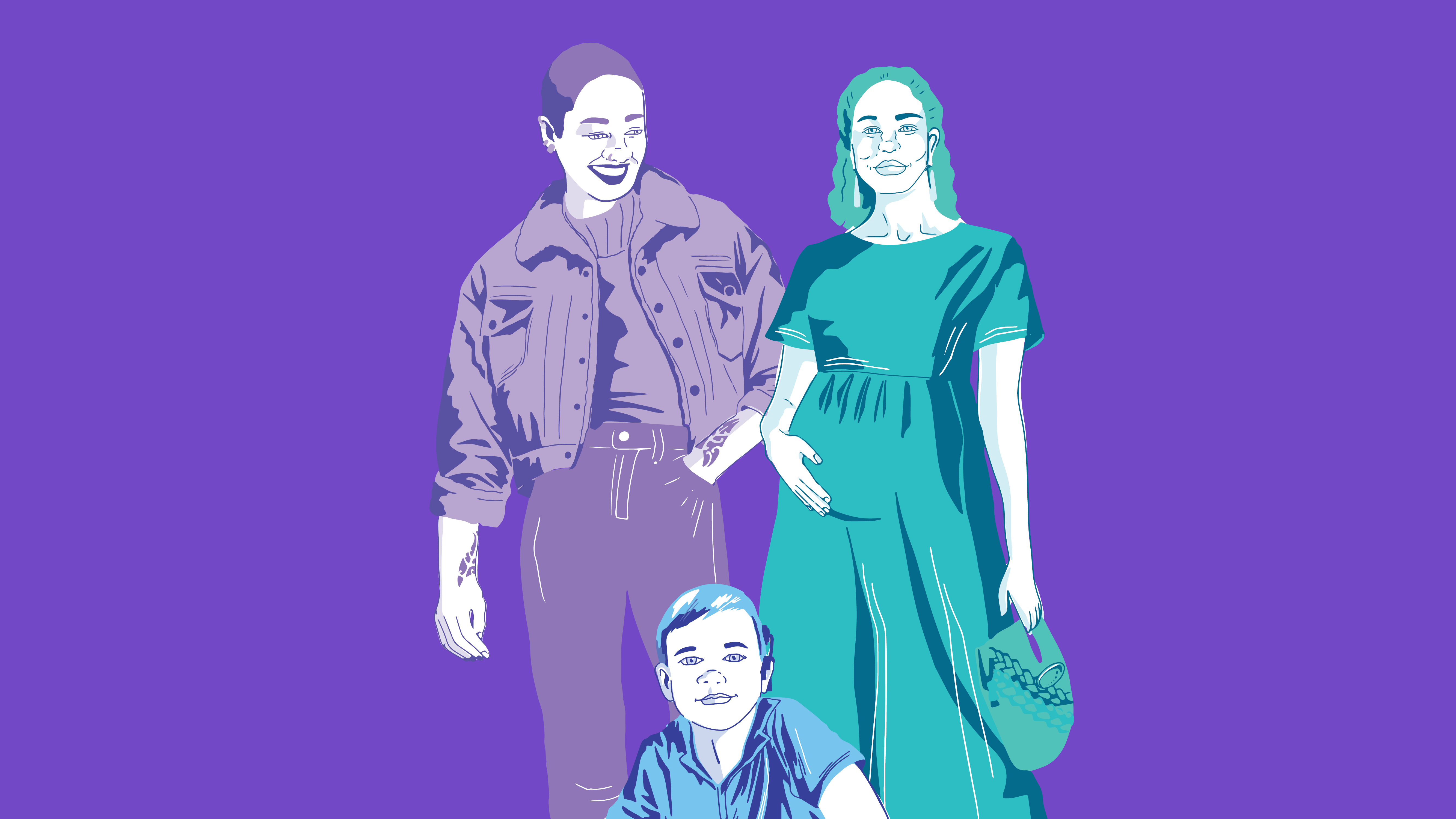 pregnant woman standing next to a gender non-conforming person with a small child crouching in front