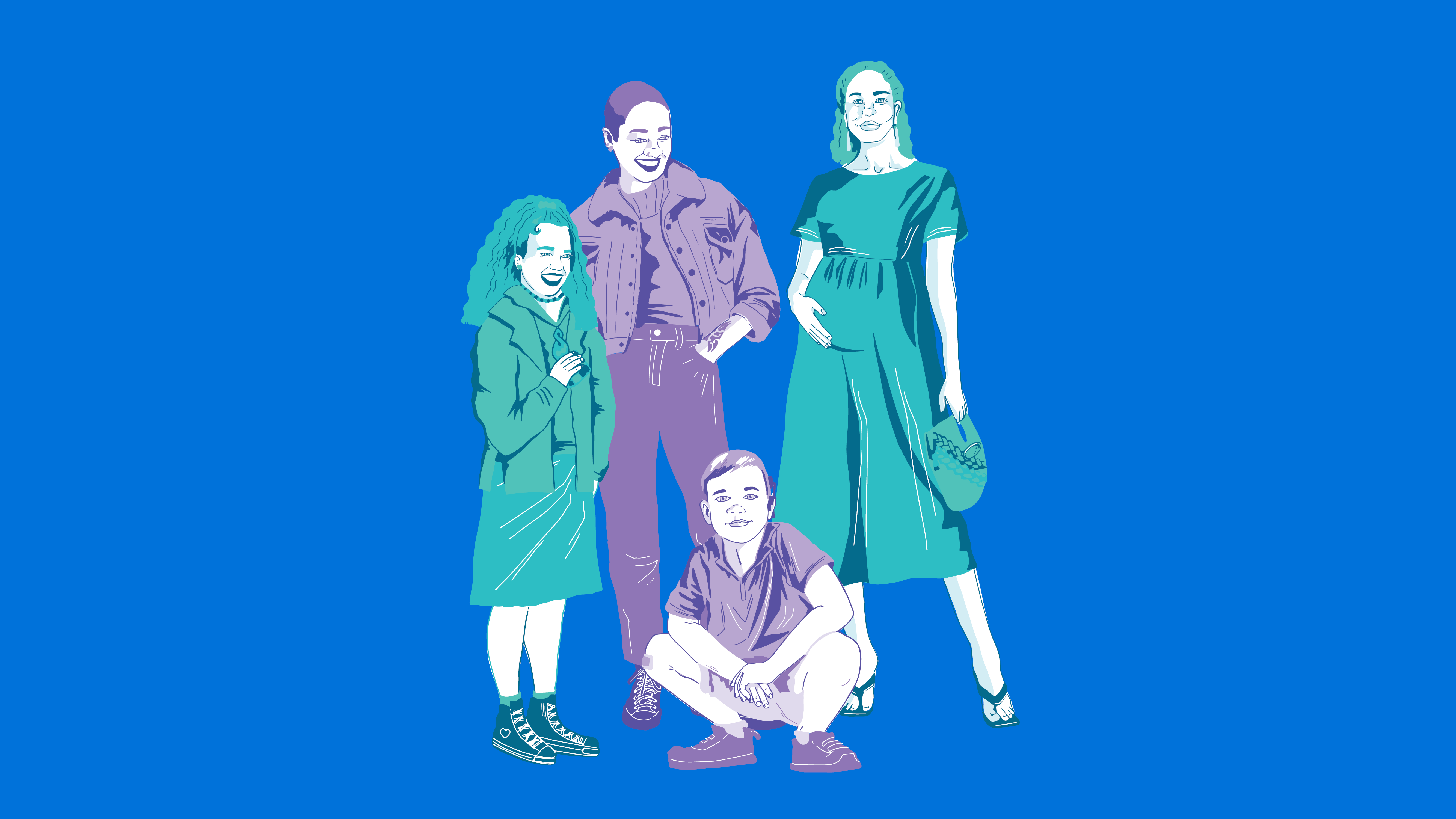 girl standing next to a non-binary person and a pregnant woman. a boy crouches in front.