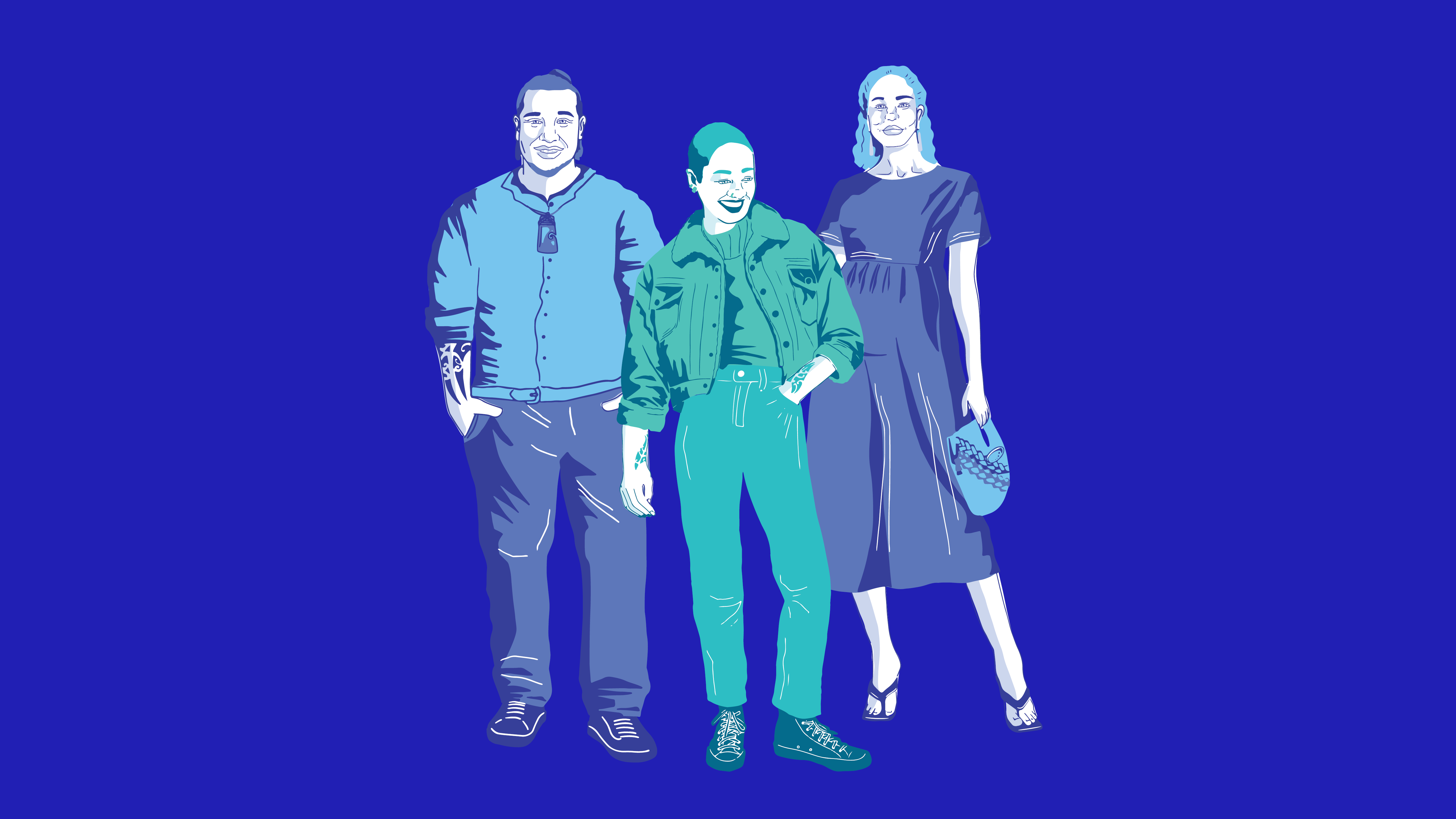 man standing next to a non-binary person and a pregnant woman