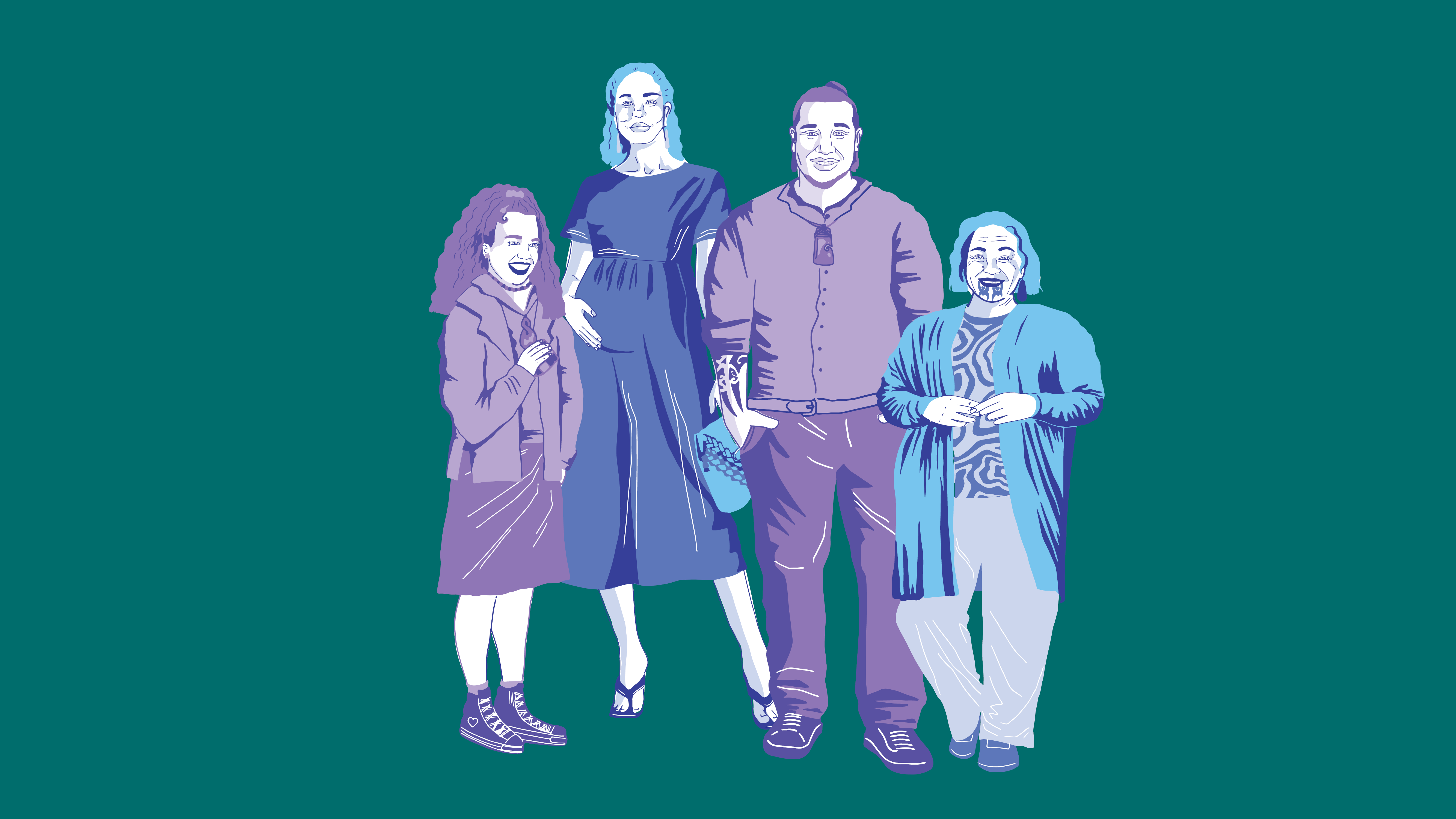 girl standing next to pregnant woman, man, and older woman