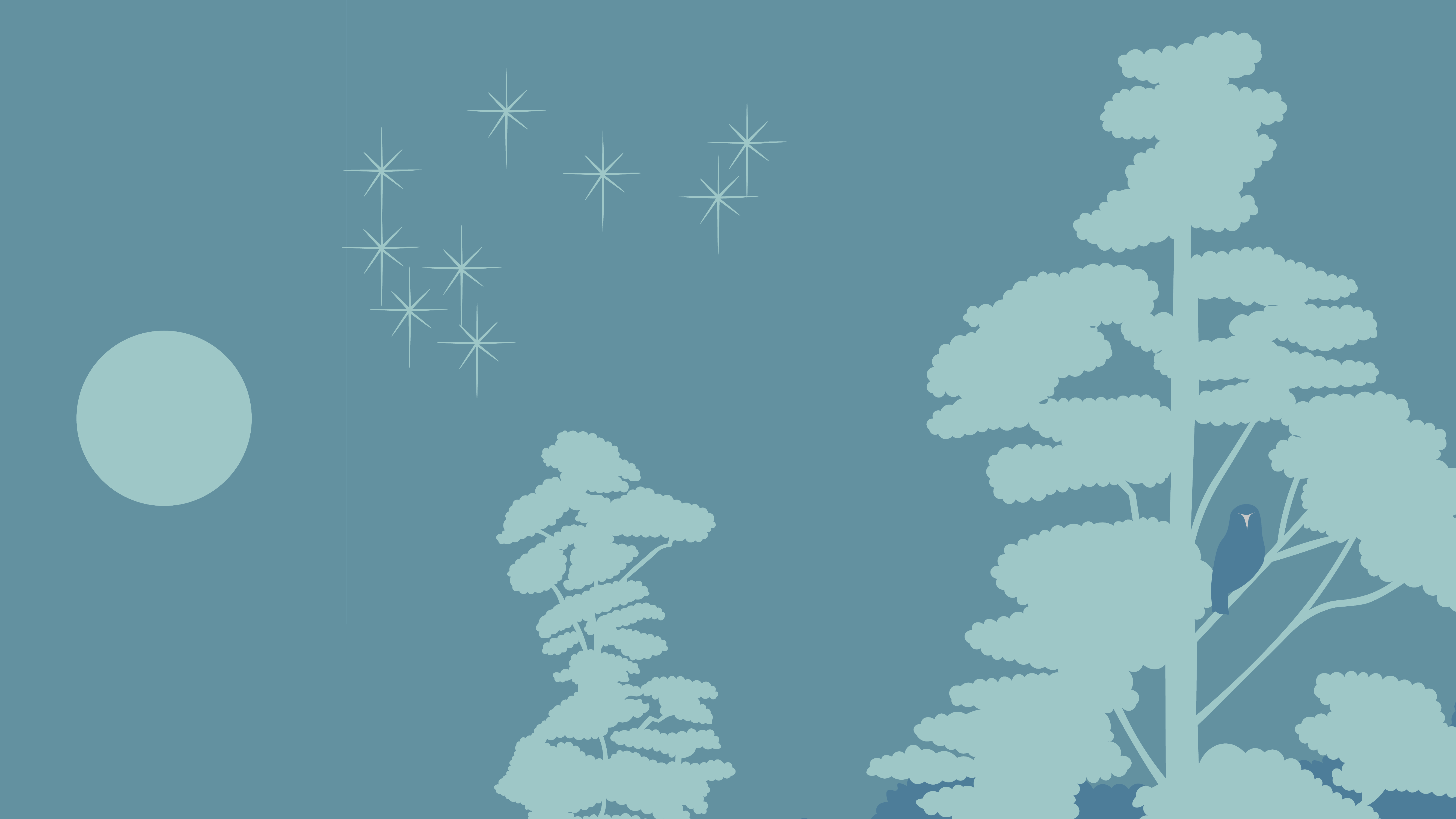 forest at night with stars shining next to a moon. the trees contain a ruru, or morepork.