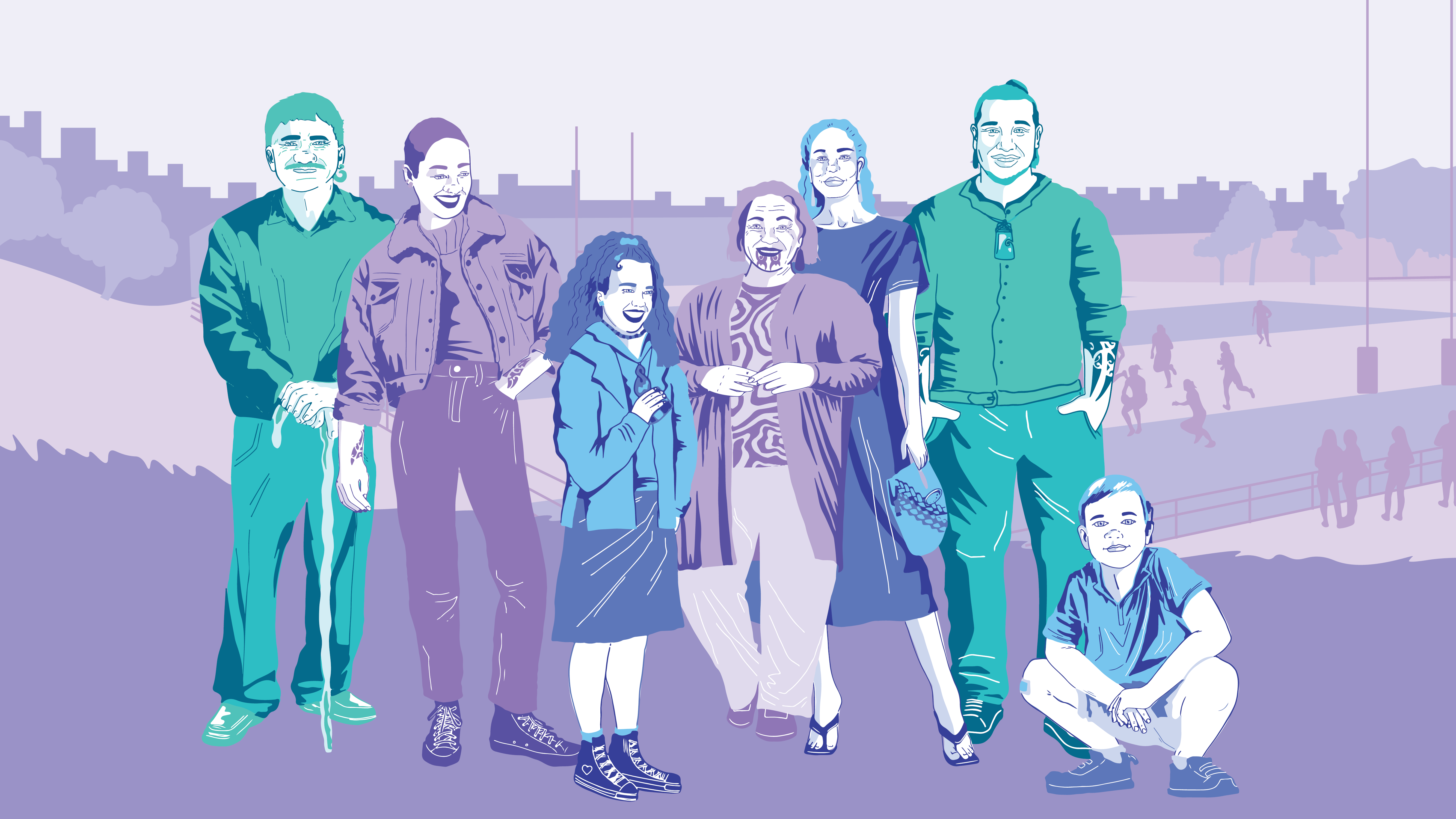 seven whānau members standing on a sports field