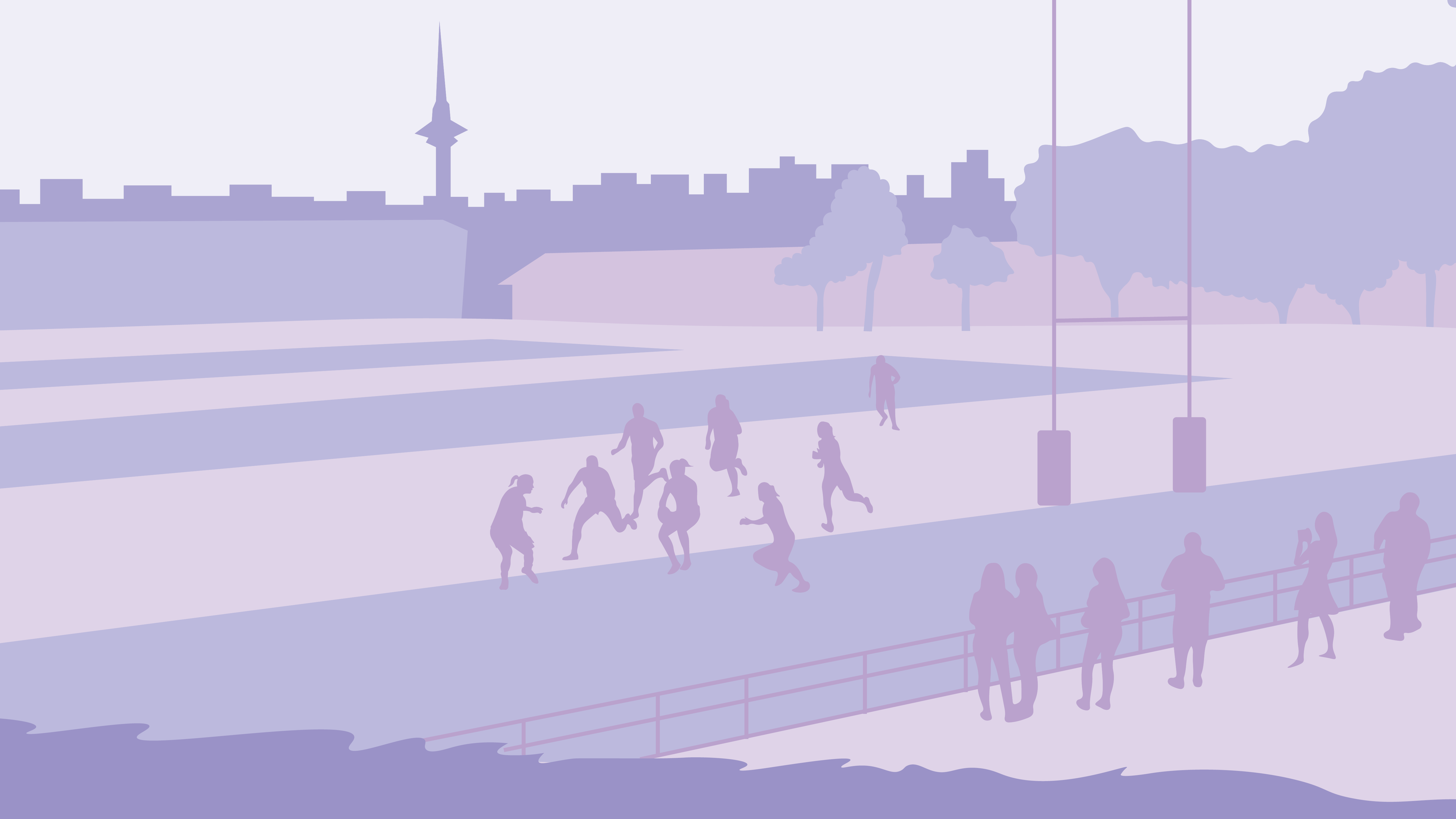 rugby sports field with 7 people playing and 6 spectators