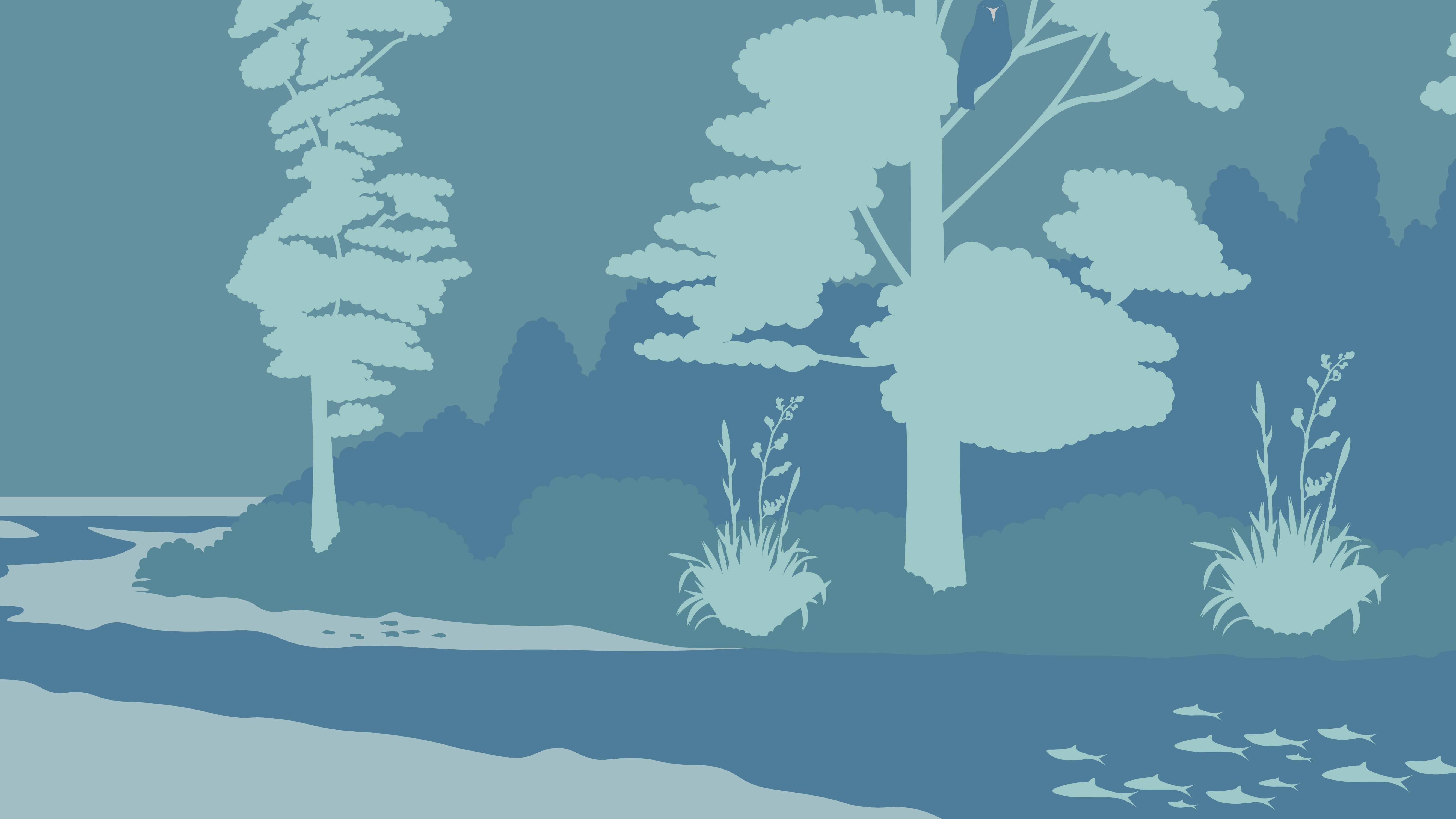 forest at night with a river containing tuni and flax bushes
