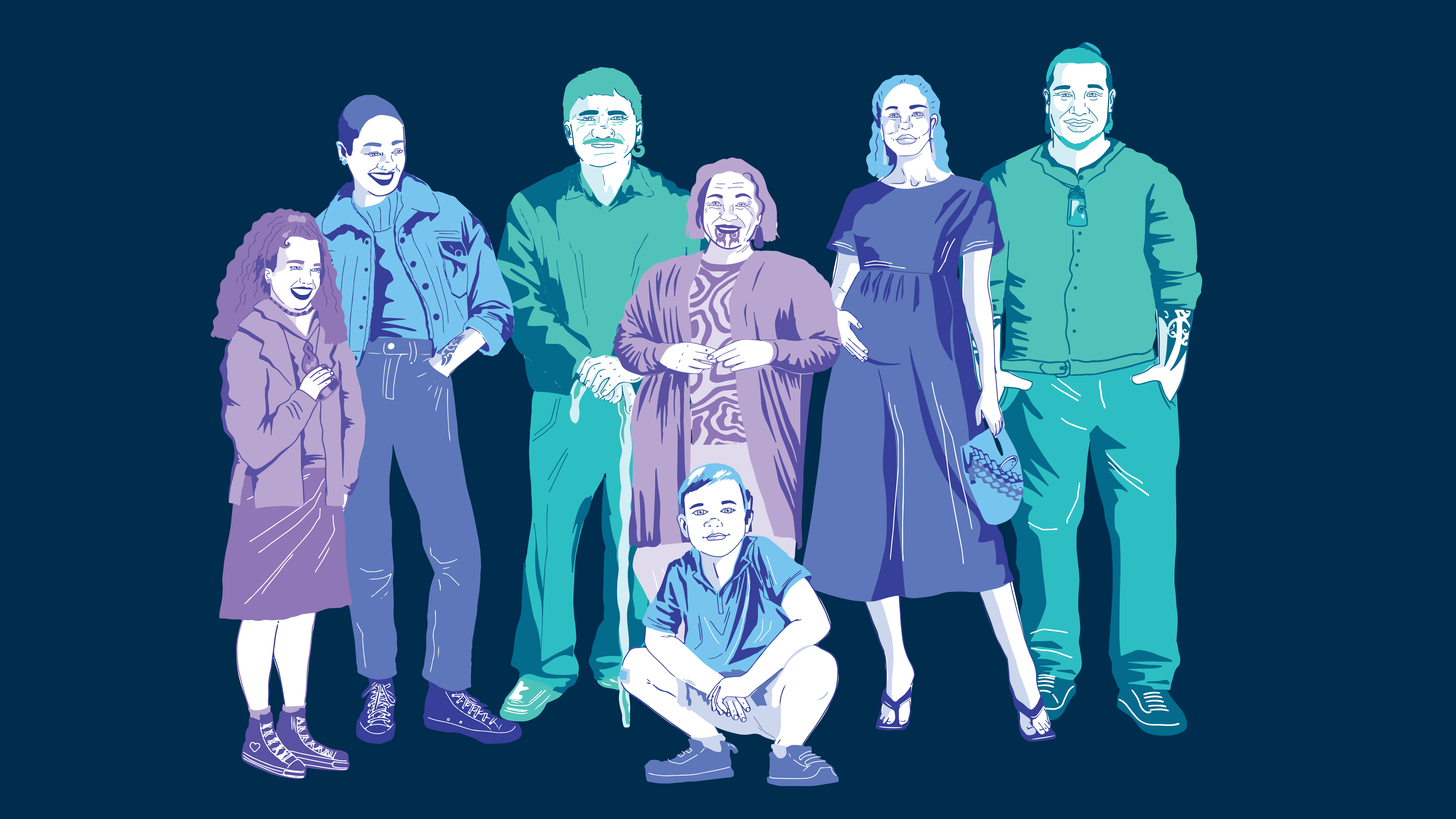 whānau group of seven people standing